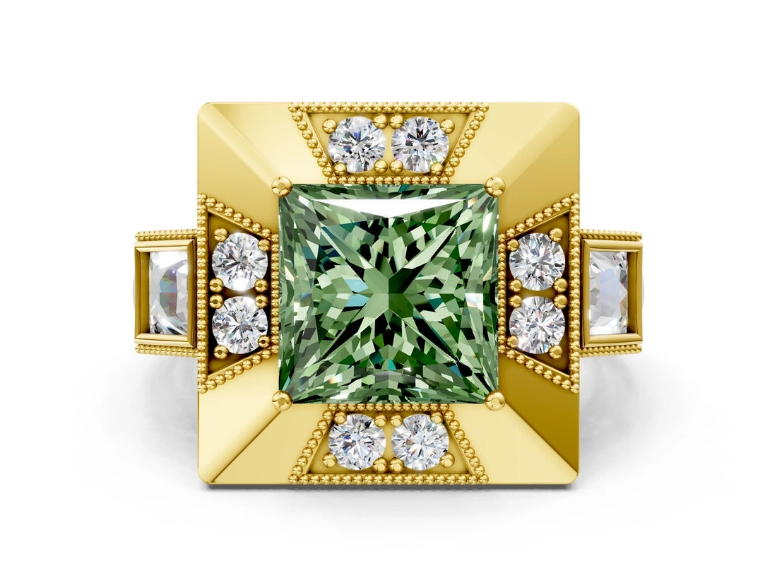 Yellow gold Milgrain Fancy Green Princess Cut Diamond Halo Split Shank Ring