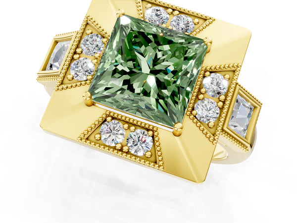 Yellow Gold Princess Cut Vintage Halo Engagement Ring Setting for Fancy Green Center - Design RJ-711