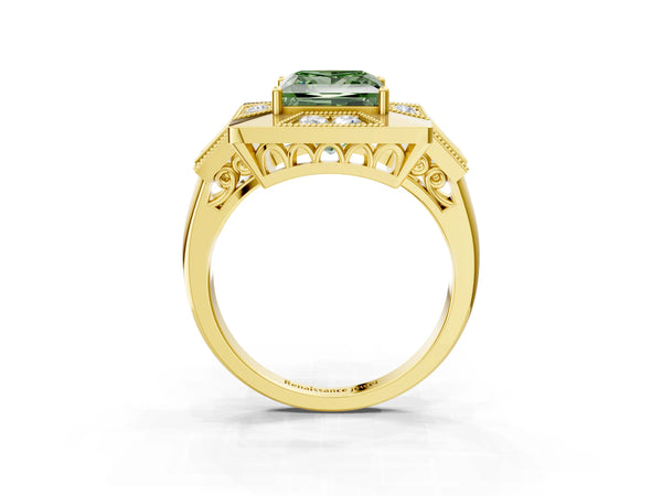 Yellow Gold Princess Cut Vintage Halo Engagement Ring Setting for Fancy Green Center - Design RJ-711