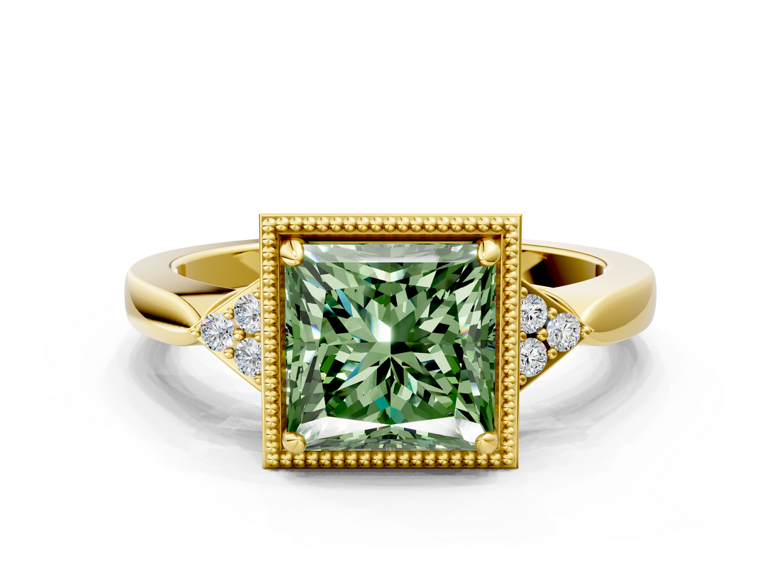 Yellow gold Milgrain Fancy Green Princess  Cut Diamond Ring with Tapered Pave Band and Four Prong Setting_17