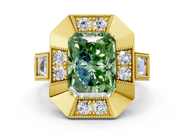 Yellow Gold Radiant Cut Vintage Halo Engagement Ring Setting for Fancy Green Center - Design RJ-711