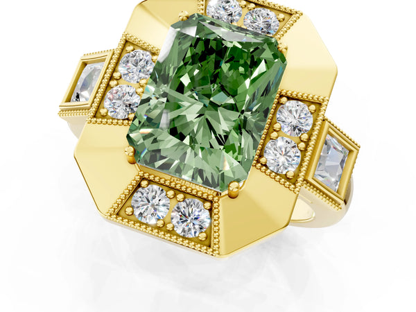 Yellow Gold Radiant Cut Vintage Halo Engagement Ring Setting for Fancy Green Center - Design RJ-711