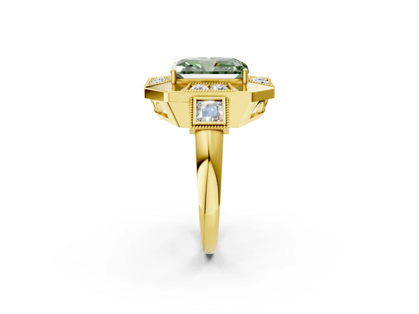 Yellow Gold Radiant Cut Vintage Halo Engagement Ring Setting for Fancy Green Center - Design RJ-711