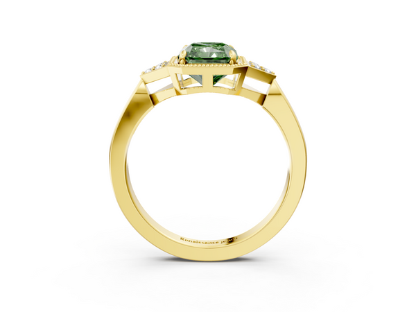 Yellow gold Milgrain Fancy Green Radiant  Cut Diamond Ring with Tapered Pave Band and Four Prong Setting
