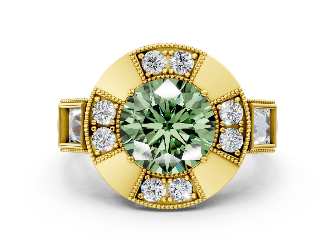 Yellow gold Milgrain Fancy Green Round Cut Diamond Halo Split Shank Ring