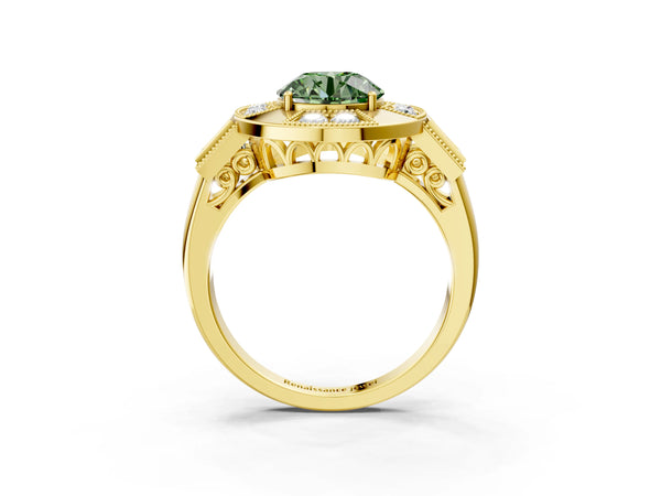 Yellow Gold Round Vintage Halo Engagement Ring Setting for Fancy Green Center - Design RJ-711