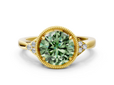 Yellow gold Milgrain Fancy Green Round  Cut Diamond Ring with Tapered Pave Band and Four Prong Setting_3