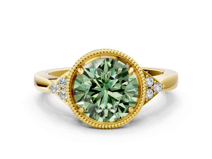 Yellow gold Milgrain Fancy Green Round  Cut Diamond Ring with Tapered Pave Band and Four Prong Setting