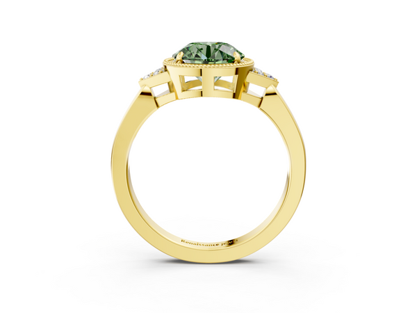 Yellow gold Milgrain Fancy Green Round  Cut Diamond Ring with Tapered Pave Band and Four Prong Setting