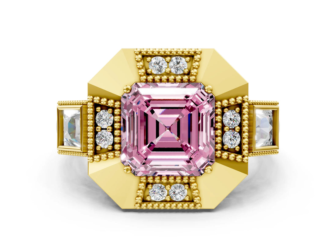 Yellow gold Milgrain Fancy Pink Asscher Cut Diamond Halo Split Shank Ring