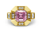 Yellow gold Milgrain Fancy Pink Asscher Cut Diamond Halo Split Shank Ring