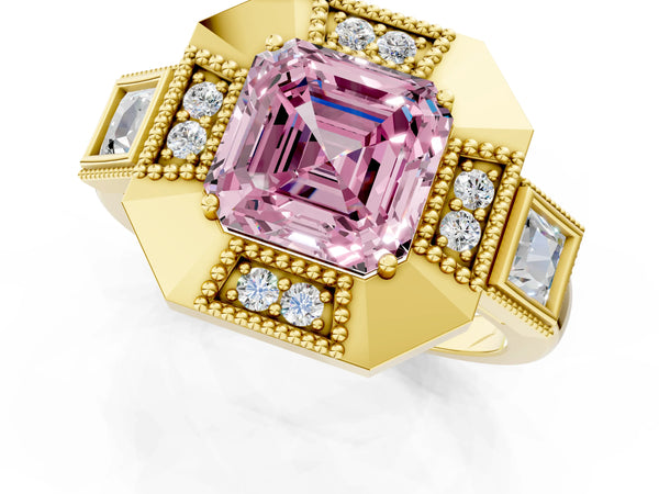 Yellow Gold Asscher Cut Vintage Halo Engagement Ring Setting for Fancy Pink Center - Design RJ-711