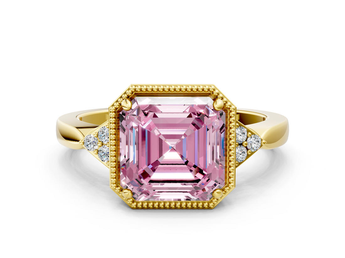 Yellow gold Milgrain Fancy Pink Asscher  Cut Diamond Ring with Tapered Pave Band and Four Prong Setting_17