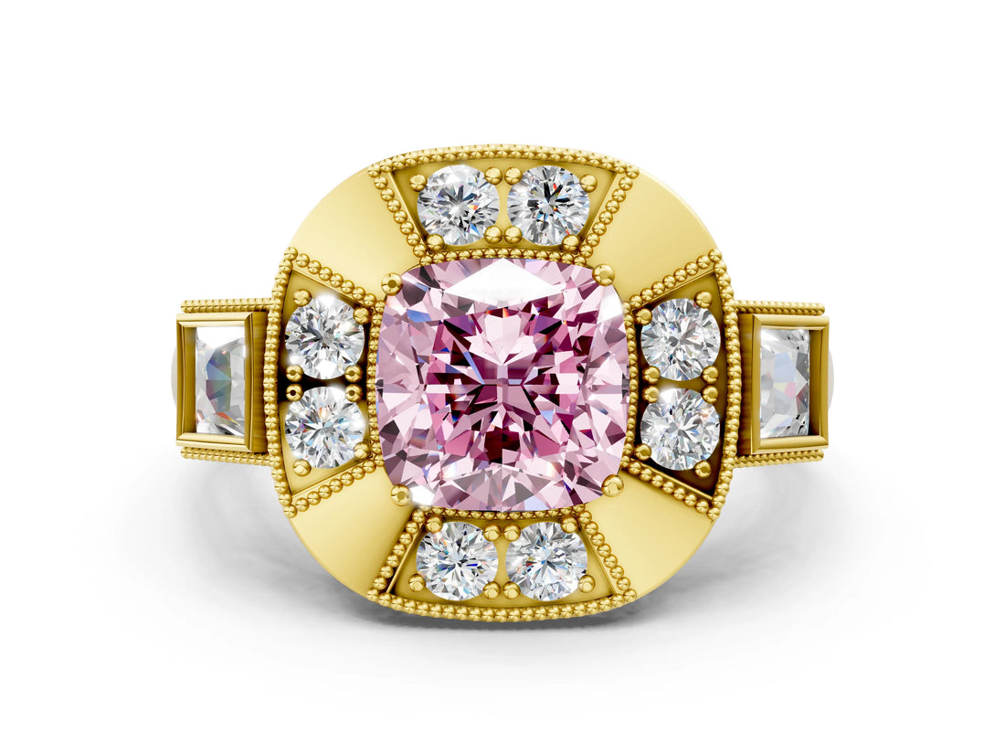 Yellow gold Milgrain Fancy Pink Cushion Cut Diamond Halo Split Shank Ring_12