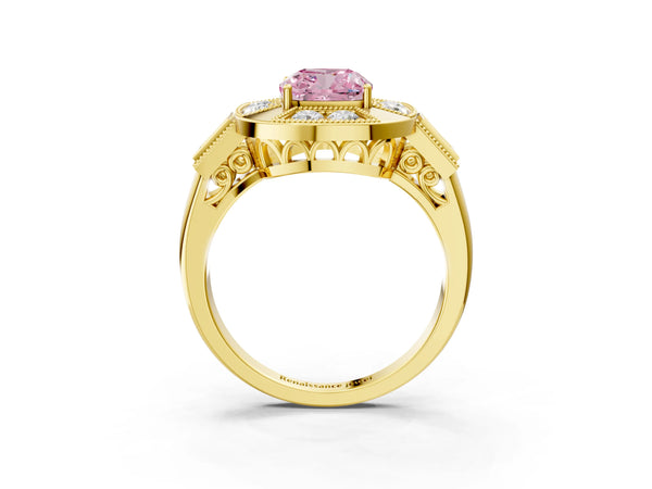 Yellow Gold Cushion Cut Vintage Halo Engagement Ring Setting for Fancy Pink Center - Design RJ-711
