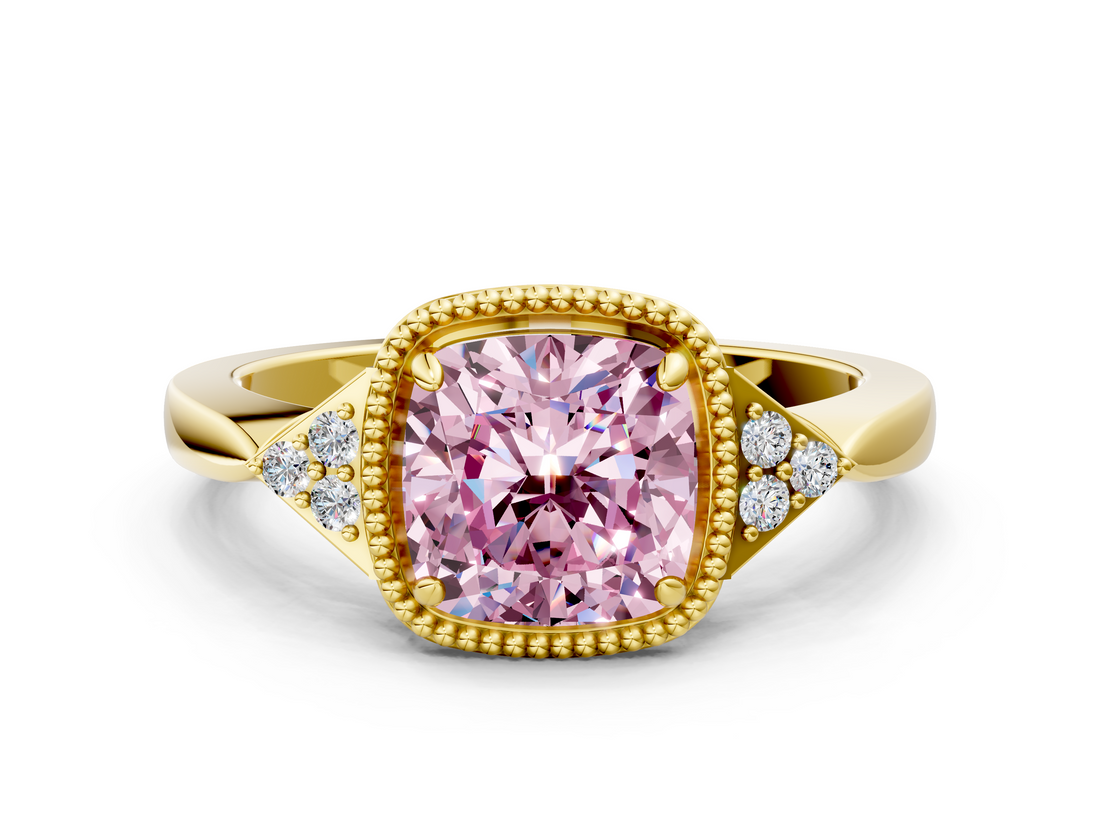 Yellow gold Milgrain Fancy Pink Cushion  Cut Diamond Ring with Tapered Pave Band and Four Prong Setting_3