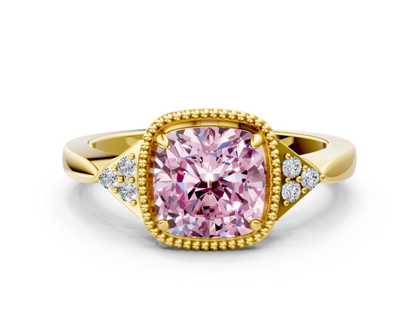 Yellow gold Milgrain Fancy Pink Cushion  Cut Diamond Ring with Tapered Pave Band and Four Prong Setting