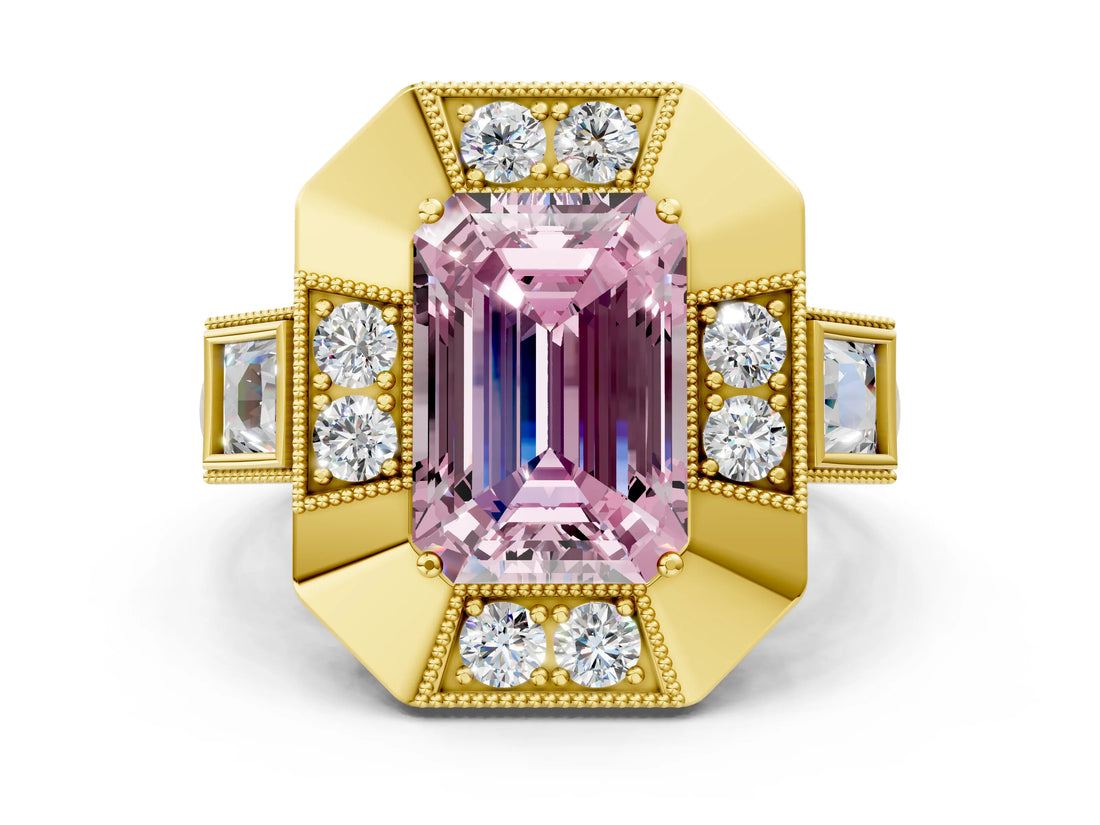 Yellow gold Milgrain Fancy Pink Emerald Cut Diamond Halo Split Shank Ring