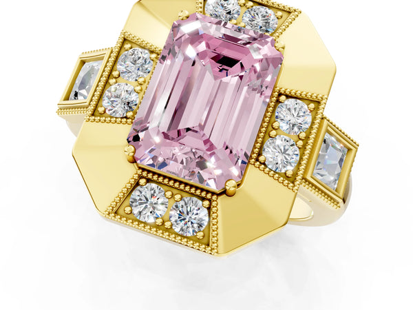 Yellow Gold Emerald Cut Vintage Halo Engagement Ring Setting for Fancy Pink Center - Design RJ-711