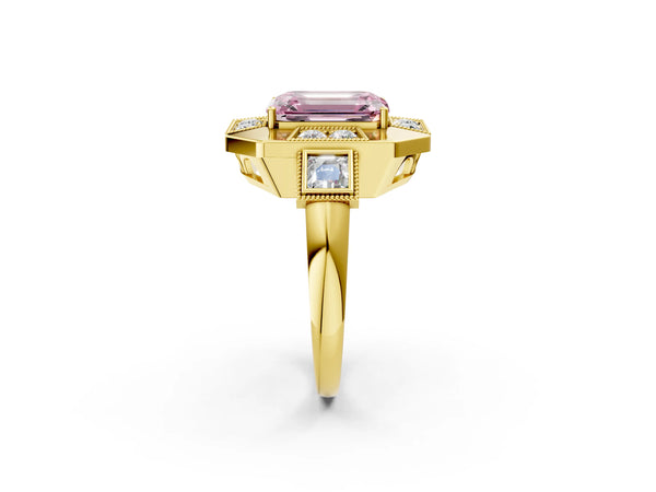 Yellow Gold Emerald Cut Vintage Halo Engagement Ring Setting for Fancy Pink Center - Design RJ-711