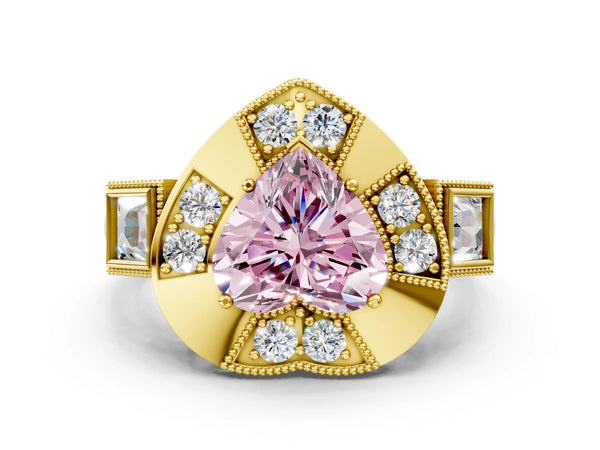 Yellow Gold Heart-Shaped Vintage Halo Engagement Ring Setting for Fancy Pink Center - Design RJ-711