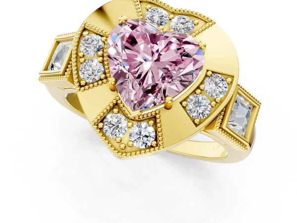 Yellow Gold Heart-Shaped Vintage Halo Engagement Ring Setting for Fancy Pink Center - Design RJ-711