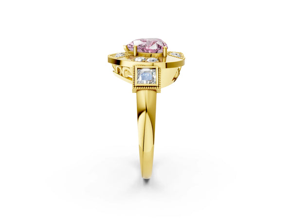 Yellow Gold Heart-Shaped Vintage Halo Engagement Ring Setting for Fancy Pink Center - Design RJ-711