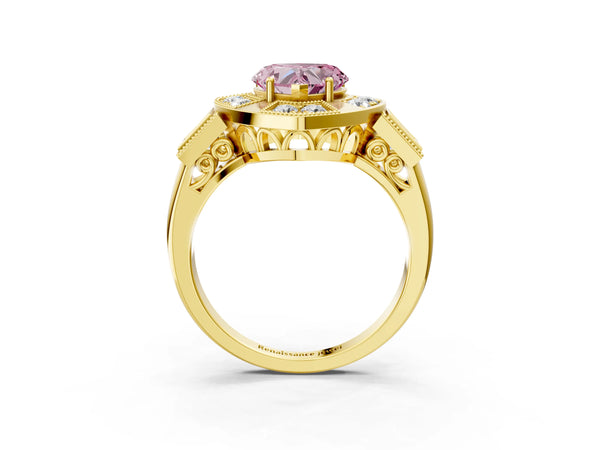 Yellow Gold Heart-Shaped Vintage Halo Engagement Ring Setting for Fancy Pink Center - Design RJ-711