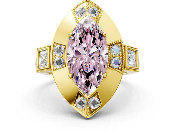 Yellow Gold Marquise Vintage Halo Engagement Ring Setting for Fancy Pink Center - Design RJ-711