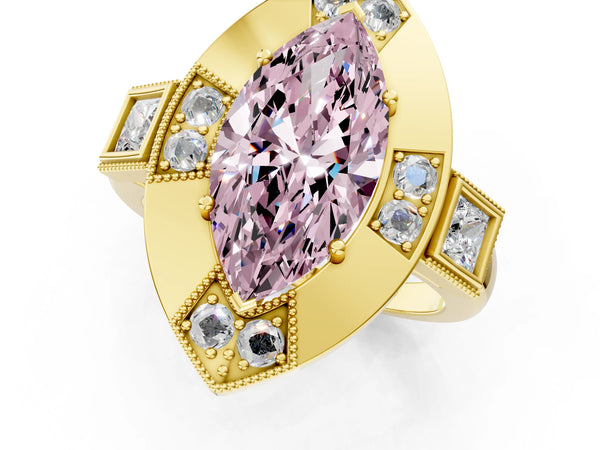 Yellow Gold Marquise Vintage Halo Engagement Ring Setting for Fancy Pink Center - Design RJ-711