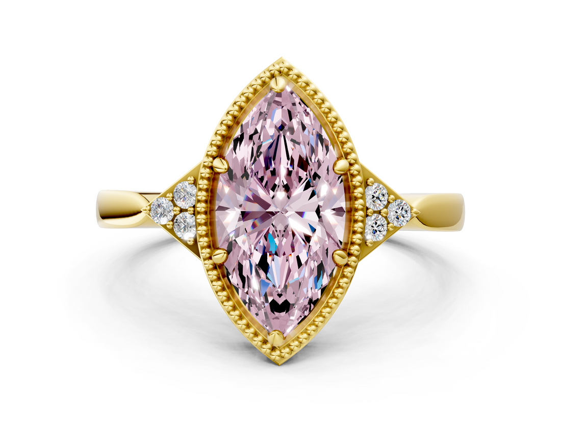 Yellow gold Milgrain Fancy Pink Marquise  Cut Diamond Ring with Tapered Pave Band and Four Prong Setting_3