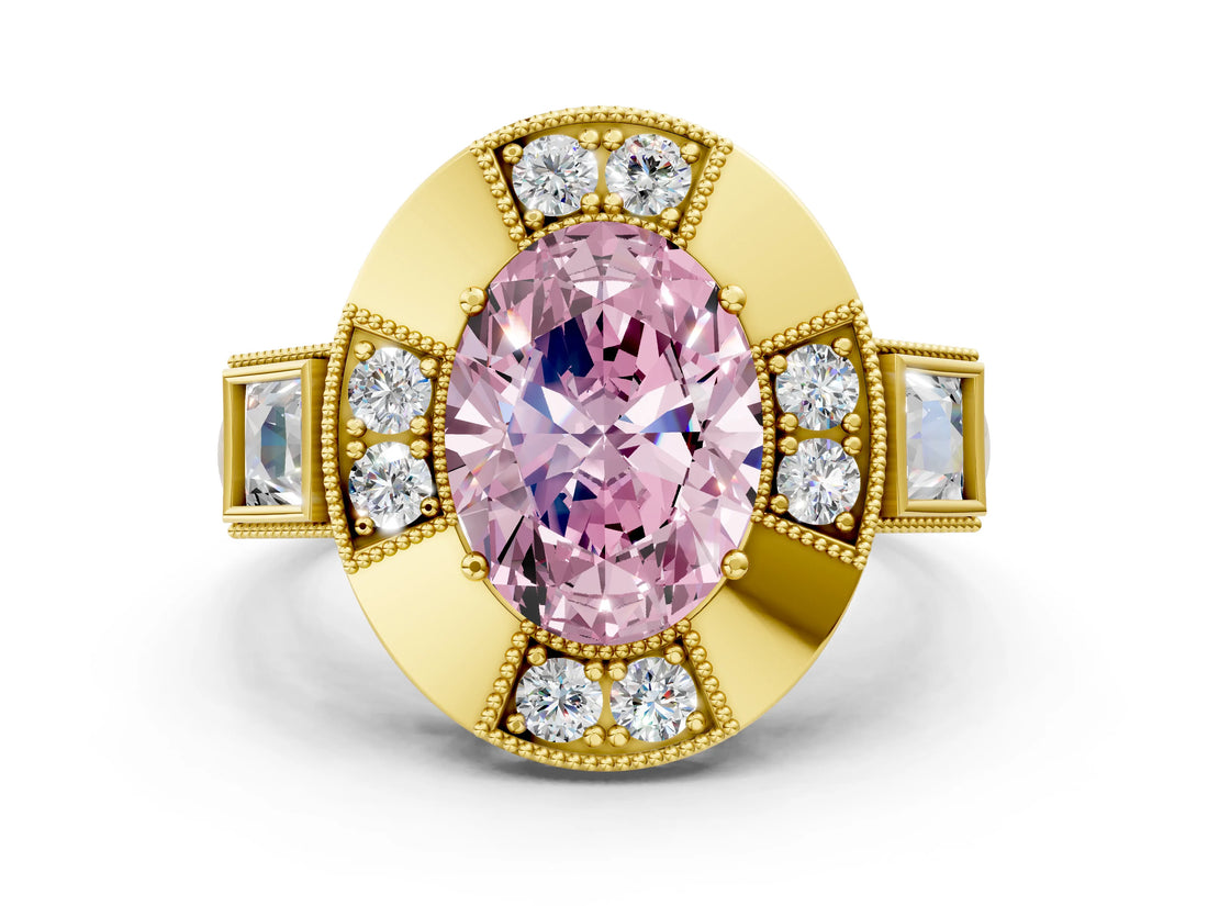 Yellow gold Milgrain Fancy Pink Oval Cut Diamond Halo Split Shank Ring