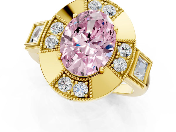 Yellow Gold Oval Vintage Halo Engagement Ring Setting for Fancy Pink Center - Design RJ-711