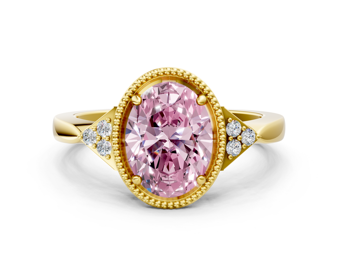 Yellow gold Milgrain Fancy Pink Oval  Cut Diamond Ring with Tapered Pave Band and Four Prong Setting_3
