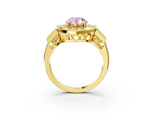 Yellow Gold Pear-Shaped Vintage Halo Engagement Ring Setting for Fancy Pink Center - Design RJ-711