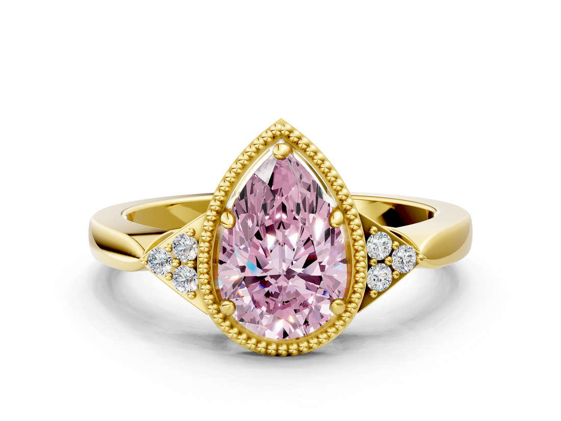 Yellow gold Milgrain Fancy Pink Pear  Cut Diamond Ring with Tapered Pave Band and Four Prong Setting_3