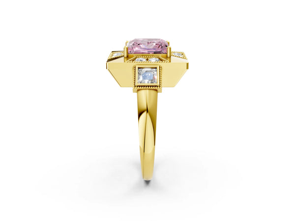 Yellow Gold Princess Cut Vintage Halo Engagement Ring Setting for Fancy Pink Center - Design RJ-711