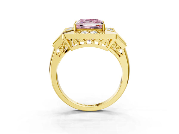 Yellow Gold Princess Cut Vintage Halo Engagement Ring Setting for Fancy Pink Center - Design RJ-711