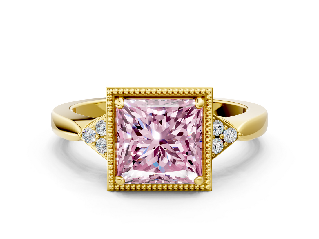 Yellow gold Milgrain Fancy Pink Princess  Cut Diamond Ring with Tapered Pave Band and Four Prong Setting_23