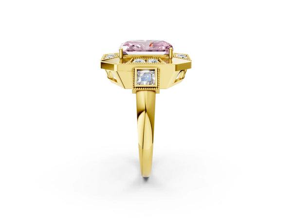 Yellow Gold Radiant Cut Vintage Halo Engagement Ring Setting for Fancy Pink Center - Design RJ-711