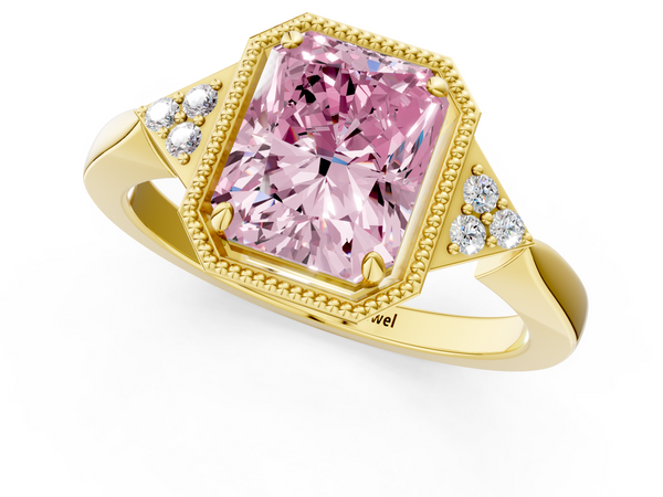 Yellow gold Milgrain Fancy Pink Radiant  Cut Diamond Ring with Tapered Pave Band and Four Prong Setting