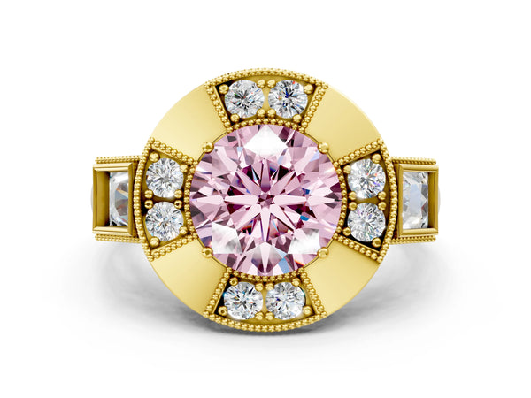 Yellow Gold Round Vintage Halo Engagement Ring Setting for Fancy Pink Center - Design RJ-711
