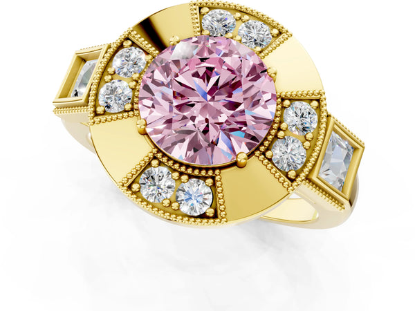 Yellow Gold Round Vintage Halo Engagement Ring Setting for Fancy Pink Center - Design RJ-711