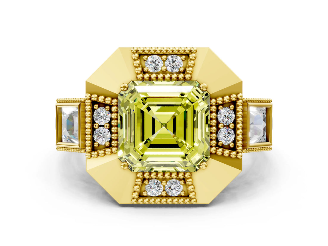 Yellow gold Milgrain Fancy Yellow Asscher Cut Diamond Halo Split Shank Ring