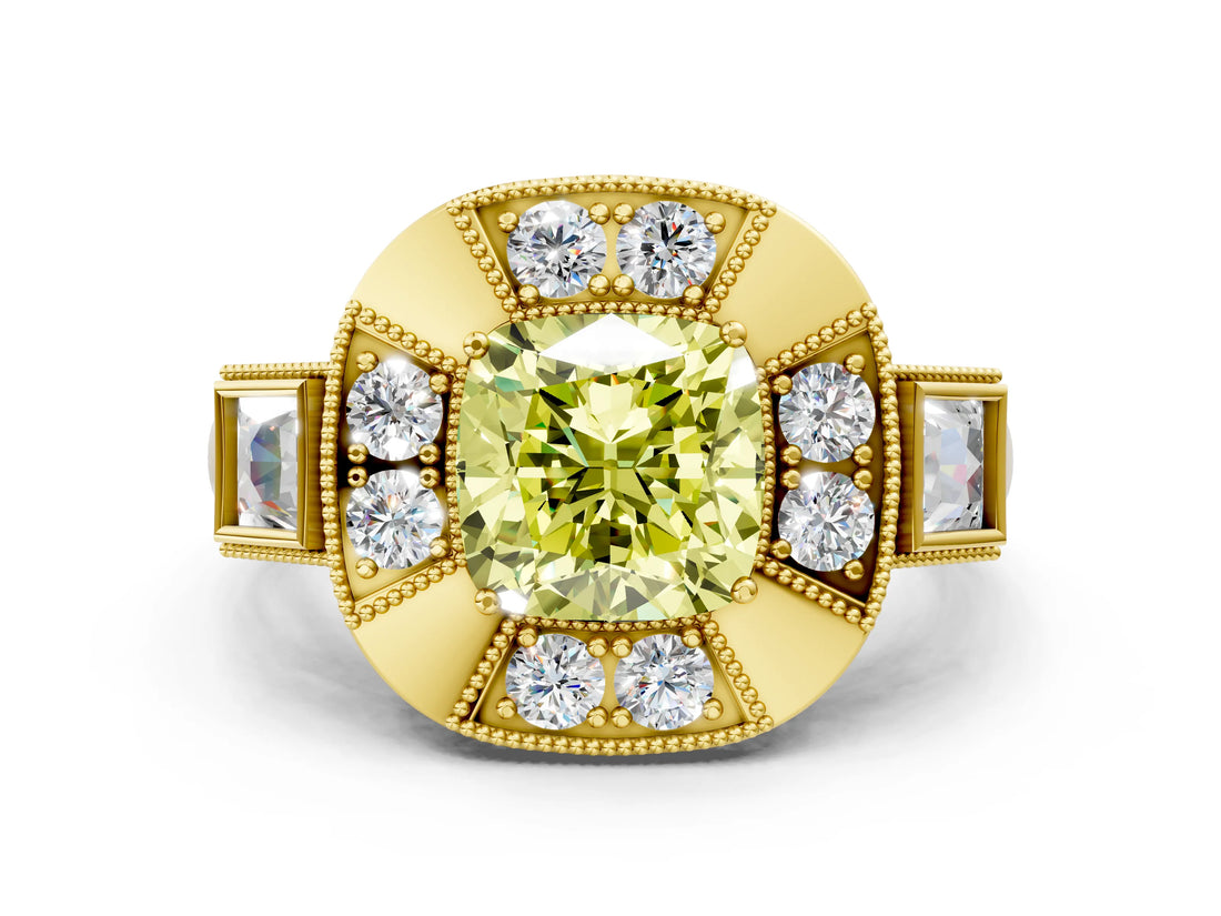 Yellow gold Milgrain Fancy Yellow Cushion Cut Diamond Halo Split Shank Ring_12
