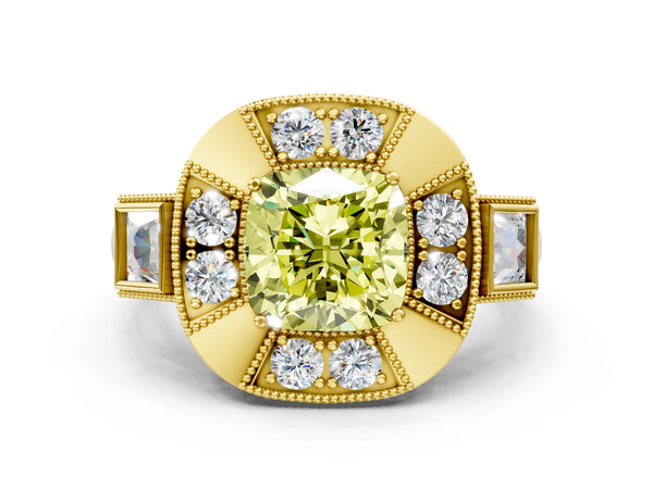 Yellow Gold Cushion Cut Vintage Halo Engagement Ring Setting for Fancy Yellow Center - Design RJ-711