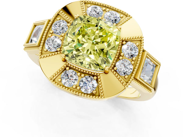 Yellow Gold Cushion Cut Vintage Halo Engagement Ring Setting for Fancy Yellow Center - Design RJ-711