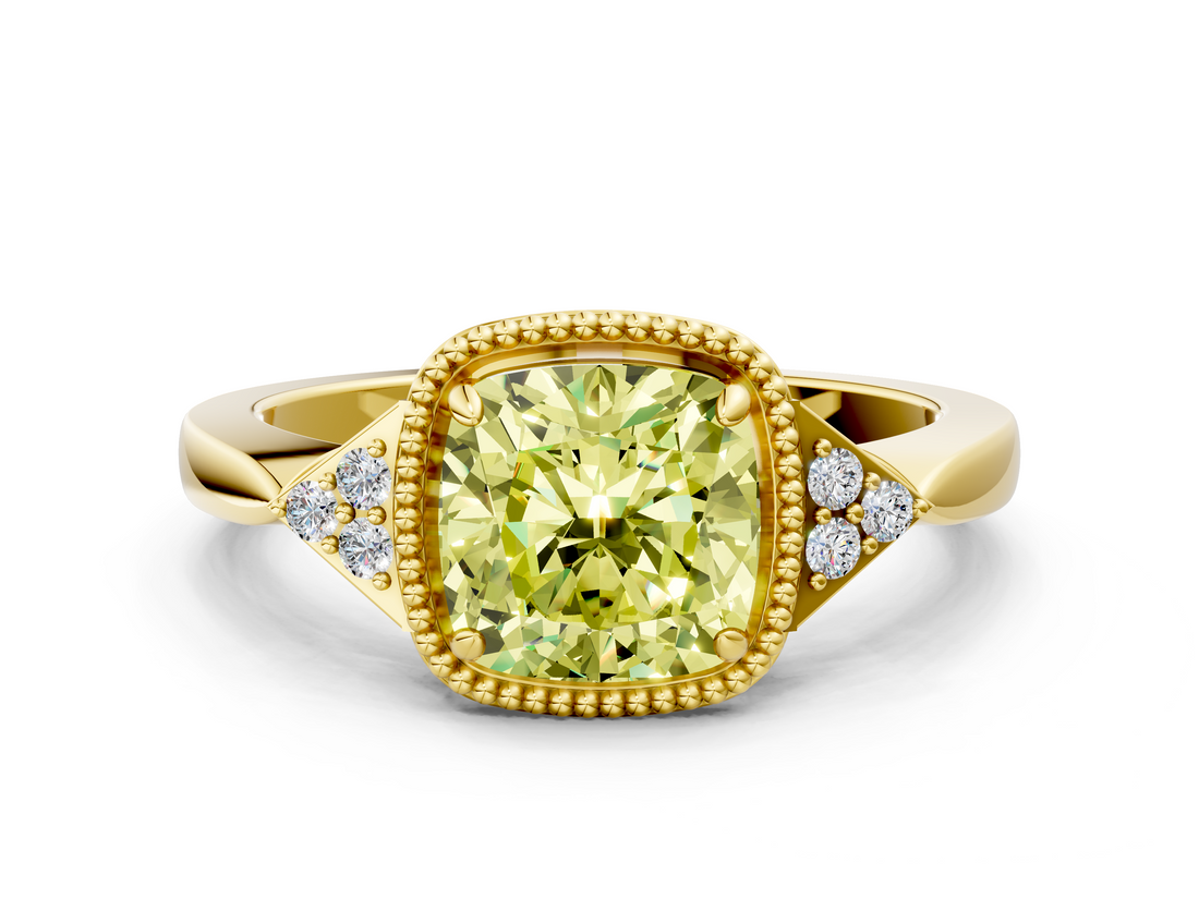 Yellow gold Milgrain Fancy Yellow Cushion  Cut Diamond Ring with Tapered Pave Band and Four Prong Setting_3