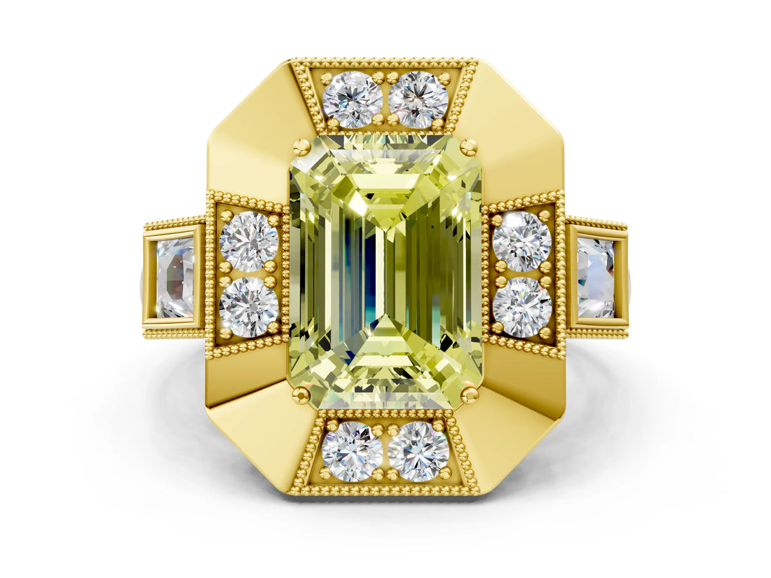 Yellow gold Milgrain Fancy Yellow Emerald Cut Diamond Halo Split Shank Ring