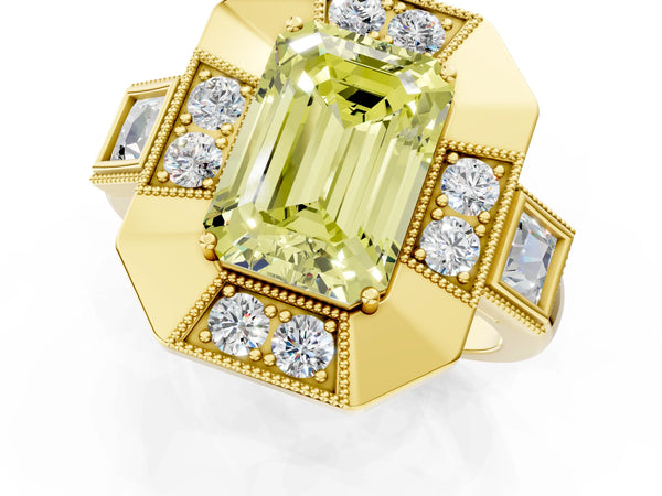 Yellow Gold Emerald Cut Vintage Halo Engagement Ring Setting for Fancy Yellow Center - Design RJ-711